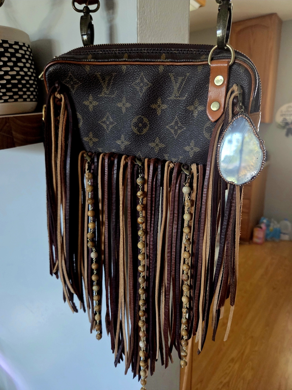 Louis Vuitton Brown Monogram Crossbody Bag with Fringe and Bead Accents
